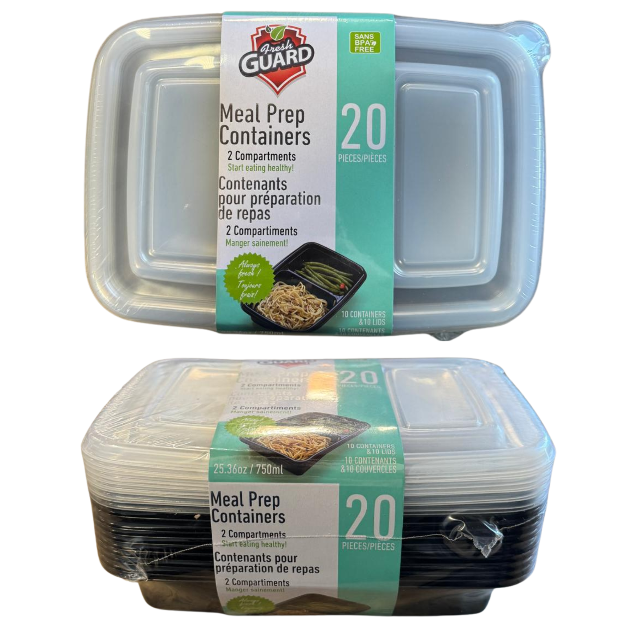FreshGuard Meal Prep 2-Compartment Containers 1/20ct