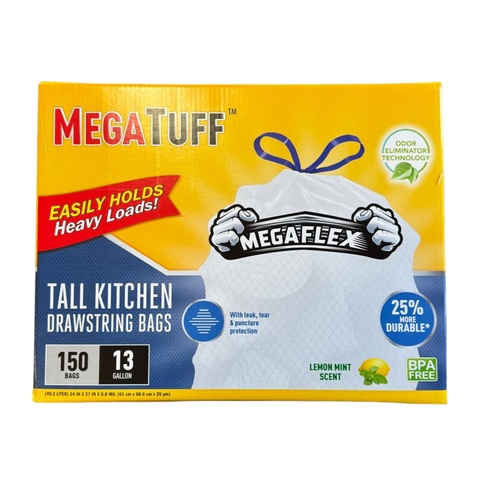 MegaTuff Drawstring Trash Bags Kitchen Lemon 1/150ct/13 Gal
