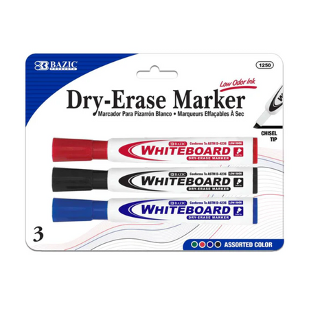 Bazic Dry Erase Marker Assorted 12/3ct
